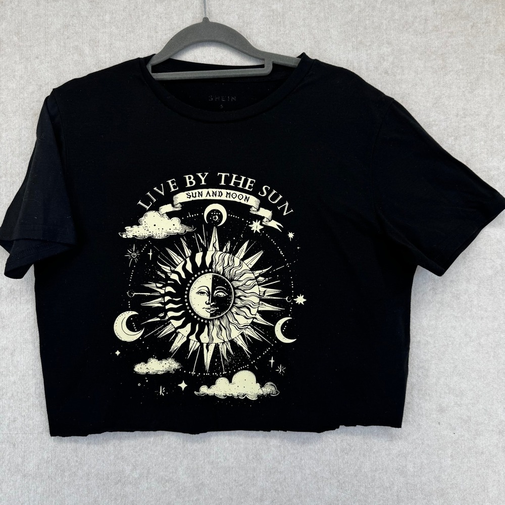 SHEIN Womens Small Live By The Sun Celestial Graphic Crop Top Black